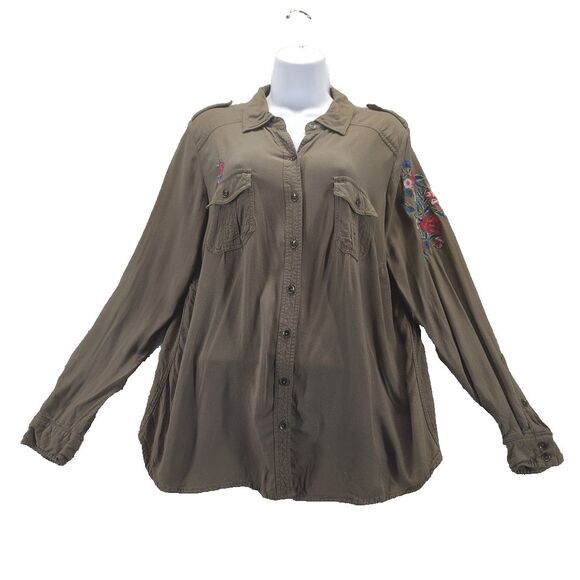 Torrid Army Green w Embroidered Flowers Long Sleeve Button Down Shirt Size 00 - Picture 1 of 12